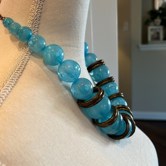 Large Bubble Necklace with Copper Circles! Big Bold Clear Blue Ball 20” Necklace - Picture 9 of 13